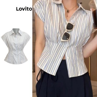 Lovito Casual Blusa Feminina Listrada Alinhada com Botão Frontal L71ED008 (Azul Claro)