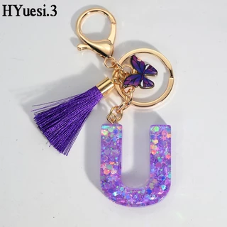 Glitter 26 Iniciais Nome Chaveiro Porta-Chaves Cor Púrpura Lantejoulas Recheado Com Letra Anel Chave Borboleta Tassel Para Mulher Mochila Decoração De em Oferta na Shopee