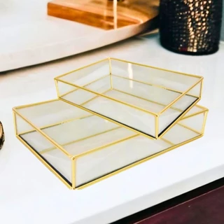 Bandeja Decorativa Espelhado ou Marmorizado Retangular Madeira ou Metal Dourado para Banheiro