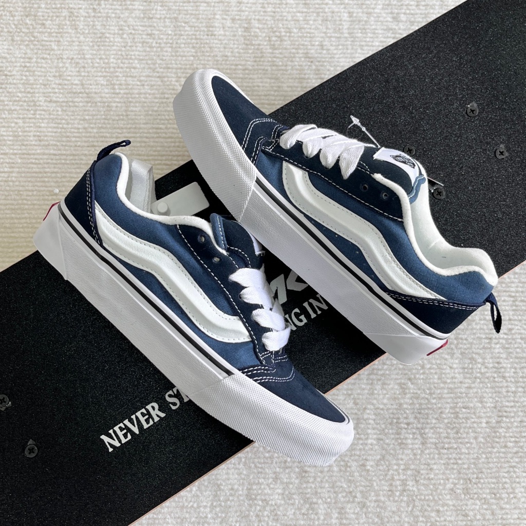 Vans Knu Skool Trendy Casual Vintage Bread Shoes desgaste resistente antiderrapante sneakers baixa altura homens mulheres mesmo estilo Azul Branco
