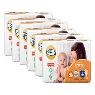 Fralda Descartável Pom Pom Derma Protek Jumbo Tamanho P - 6 Pacotes com 30 Fraldas - Total 180 Tiras