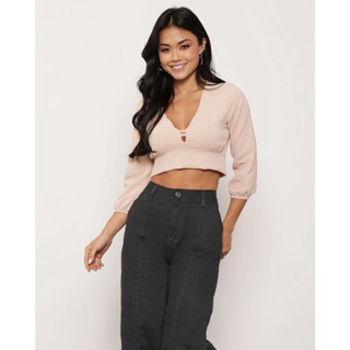 Blusa Feminina Cropped Manga 3/4 Decote V Bege
