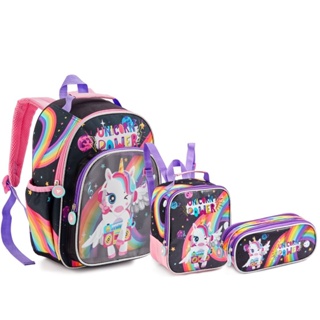 Kit Mochila Escolar Costas com Lancheira e Estojo Unicórnio