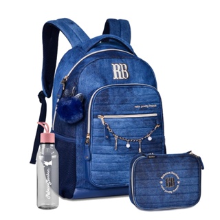 Kit Mochila e Estojo Box 100 pens Rebecca Bonbon Feminina Jeans Adolescente Escolar Reforcada Squeeze Oficial Lancamento Clio Style