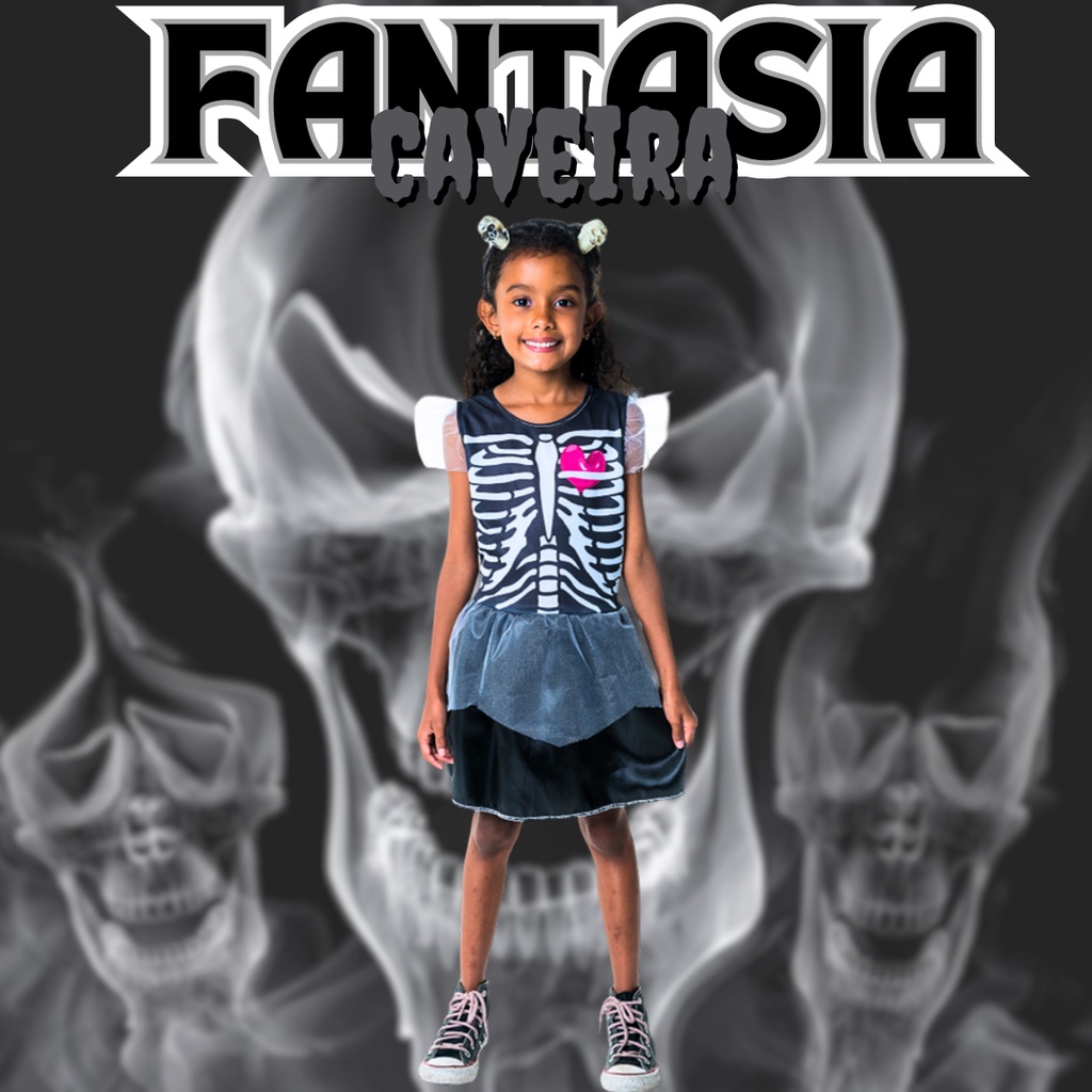 Fantasia Halloween Infantil Caveirinha c/ Máscara Vestido