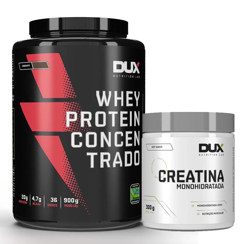 Kit Whey Protein Concentrado Dux 900g Pote Chocolate + Creatina MonoHidratada Pote 300g Dux