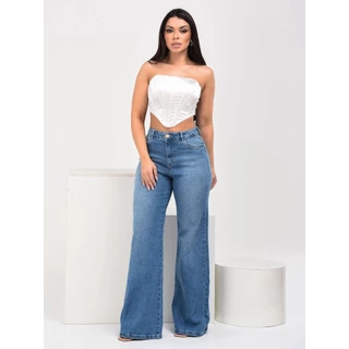 Calça Wide Leg Pantalona Jeans Feminina