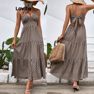 Lovito Vestido Elegante De Bolinhas Com Amarração Nas Costas E Costas Nuas Para Mulheres LNL39120 (Cáqui)