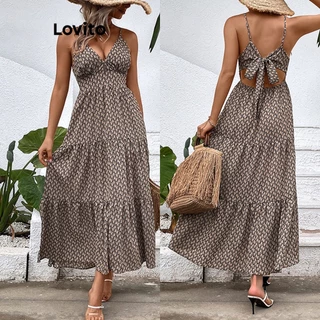 Lovito Elegante Vestido Feminino de Bolinhas com Costas Abertas e Laço Traseiro LNL39120 (Cáqui)