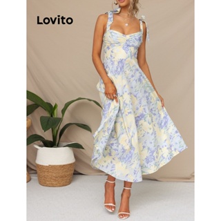Lovito Vestido Boho Ditsy Floral Com Renda Para Mulheres LNL35010 (Azul Claro)