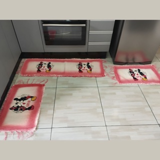 Jogo 3Pçs Tapetes Grande Tear Trançado De Cozinha Estampado CASAL Mickey e Minnie