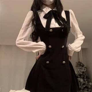 A.t.a Filha Filha Familiar Feminina Rica Cintura Estreita Vestido de duas peças falso com alça francesa