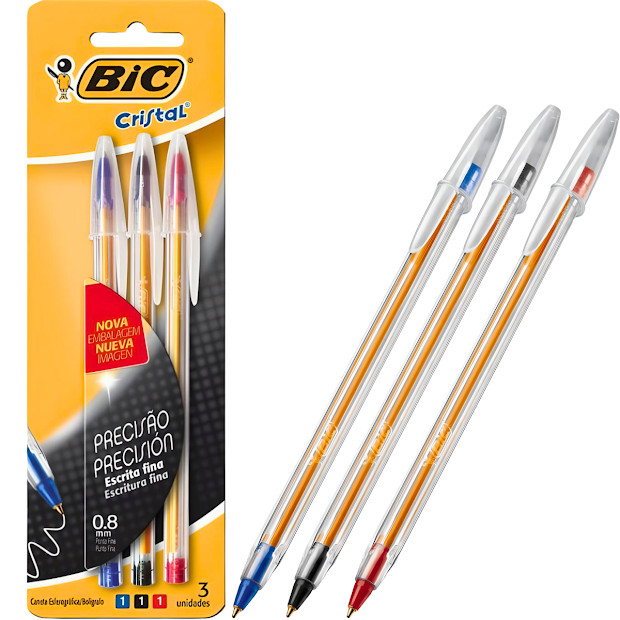 Caneta Esferográfica Cristal Fina Azul/Vermelho/Preto Bic