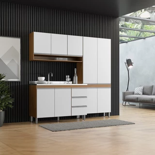 Cozinha Compacta com Balcão Pia Sabrina 200 x 202 Cm 3 Peças MDP Branco MENU