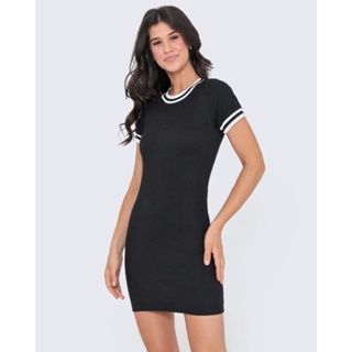 Vestido Malha Canelada Punho Listrado Preto