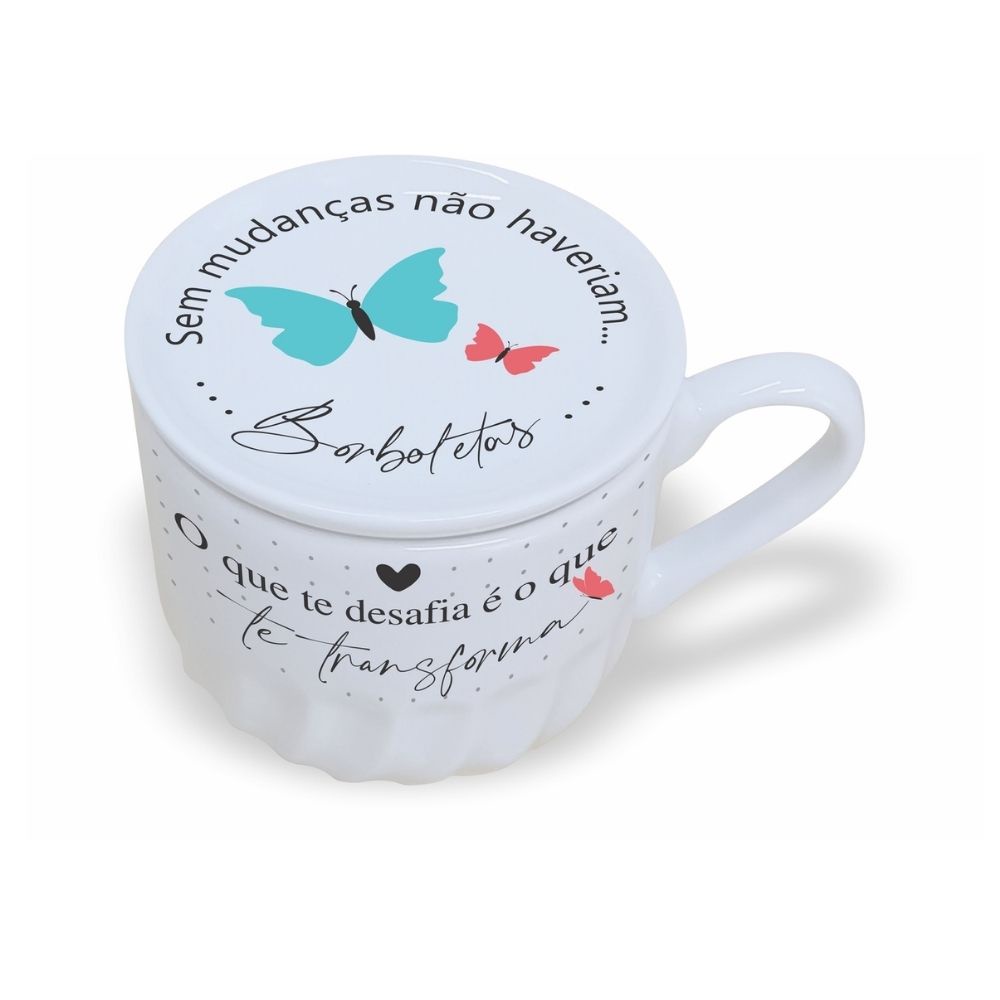 Caneca em Porcelana Com Tampa Borboletas - Xícaras Chá Café