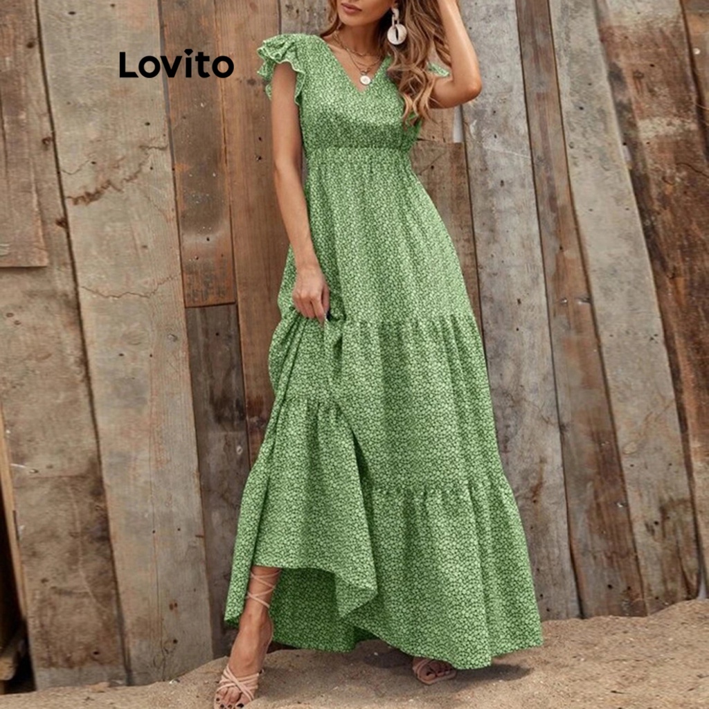 Lovito Vestido Casual Ditsy Floral Com Babados Na Bainha Para Mulheres LNE31167 (Verde)