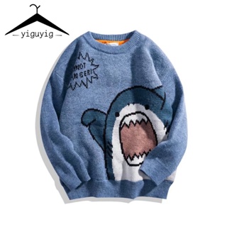 Camisolas Masculinas Estilo Harajuku Camisola Simples De Malha De Tubarão Preguiçoso Retro