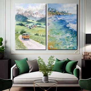Kit Quadro Decorativo Grande Para Sala Aquarela e Paisagem na Praia Impressão Tela Acetinada