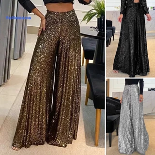Calça De Cintura Alta Elástica Reta Cheia Feminina Club Night Sequins Loose Wide Leg Pants