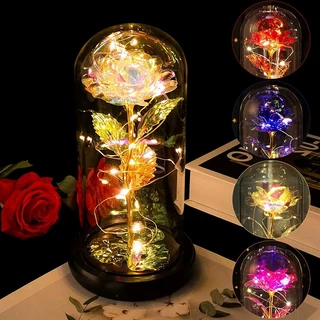 Flor Artificial Preservada Plástico Vidro Plástico Lampshade Rose Dia dos Namorados Presente para Namorada Folha de Ouro Bouquet LED Presente Criativo