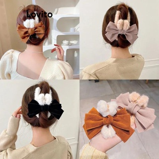 Lovito Conjunto Casual De Duas Peças De Pelúcia Com Laço Liso E Grampos De Cabelo Para Mulheres LCS04167