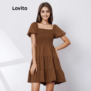 (Muitas cores)Lovito Vestido Casual Liso de Linha A com Manga Bufante L29ED022 (Marrom Mocha)