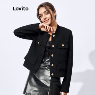 (Lovito Premium) Jaqueta Feminina Elegante Lisa Gola Redonda Botão Estilo Coreano L32FW095 (Preta)