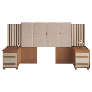 Cabeceira Casal Extensível com 2 Mesas de Apoio Ripado e Estofado Cinamomo/Off White Suíça RV Móveis
