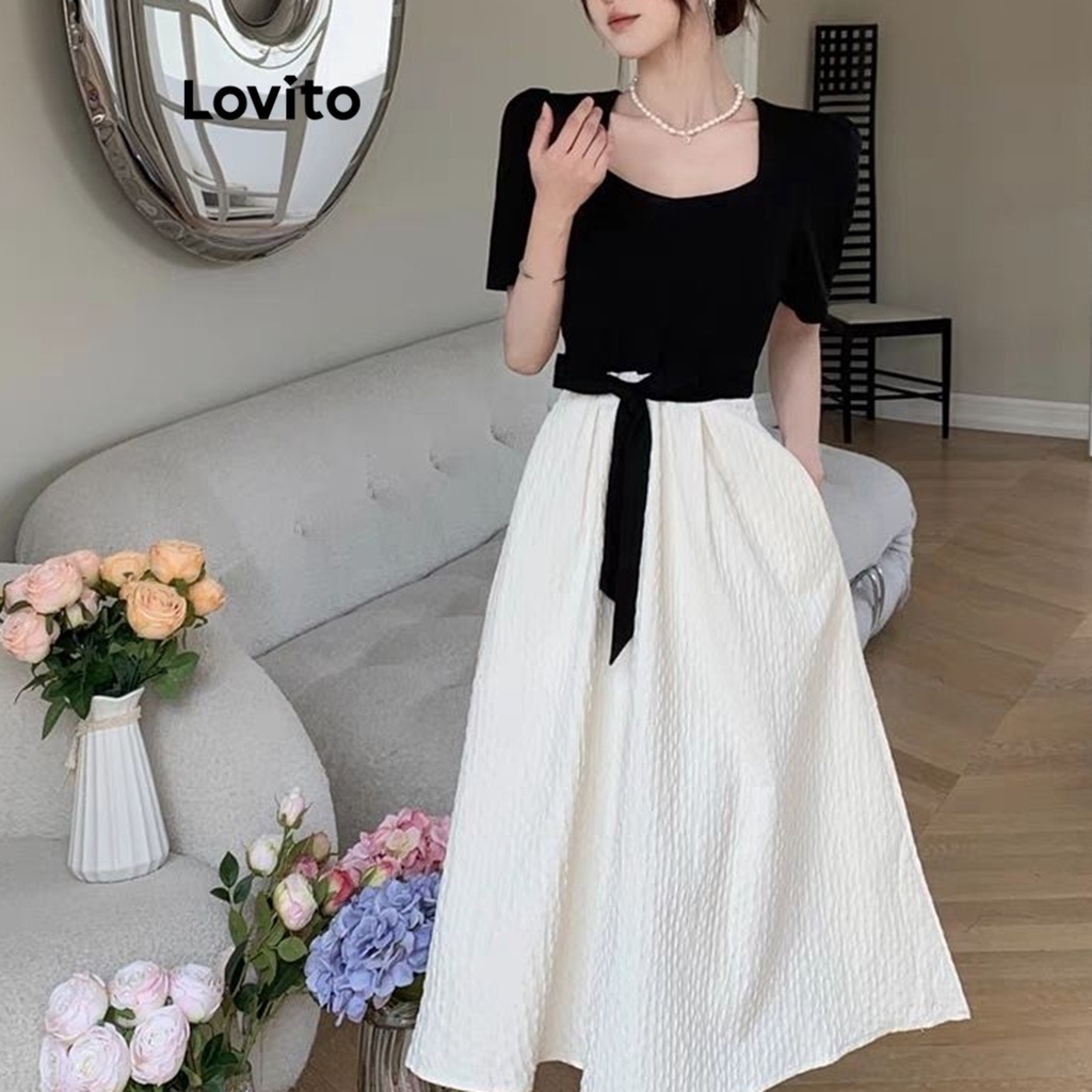 Lovito Vestido Simples com Laço na Frente e Blocos de Cores para Mulheres LNE17110 (Preto e Branco)