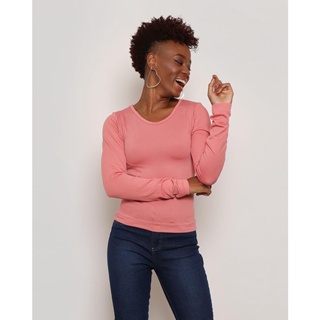 Blusa Feminina Manga Longa Canelada Básica Rosa