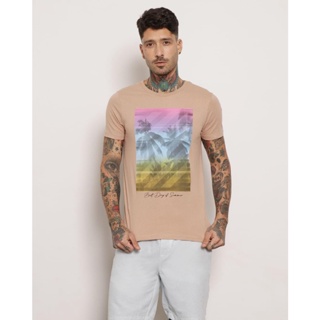 Camiseta Masculina Manga Curta Estampa Coqueiros Bege