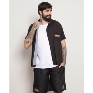 Camisa Plus Size Masculina Manga Curta Botões Naruto Preta