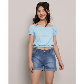 Blusa Juvenil Cropped Manga Curta Franzida Azul