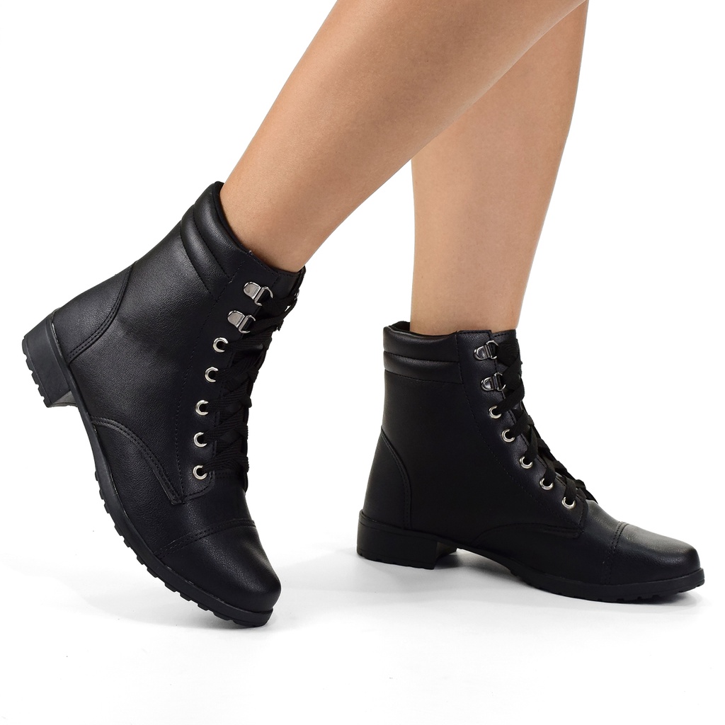 Bota Feminina Coturno Salto Baixo Cano Médio Tratorada Preto Fosco ...