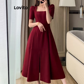 Lovito Vestido De Baile Elegante E Liso Dividido Para Mulheres LNE27028 (Borgonha)