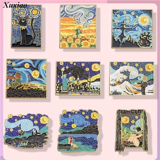 Pintura A Óleo Criativa Van Gogh's Work Esmalte De Campo Starry Sky Broche De Gato Lembrança Metal Badge Acessórios Presente Para Amigos