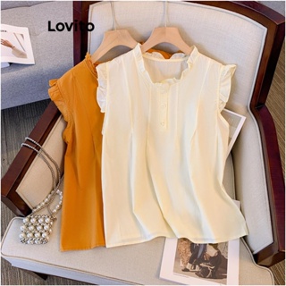 Lovito Blusa Casual Com Babados E Botões Lisos Para Mulheres LNE41337