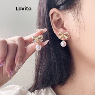 Lovito Brincos Casuais De Pérolas Com Laço Simples Para Mulheres LFA11362