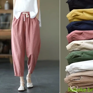 Calças Retro Rabanete 100% Algodão e Linho Solto Cor Sólida Calças Femininas, Tudo Casual Nove Pontos 36989