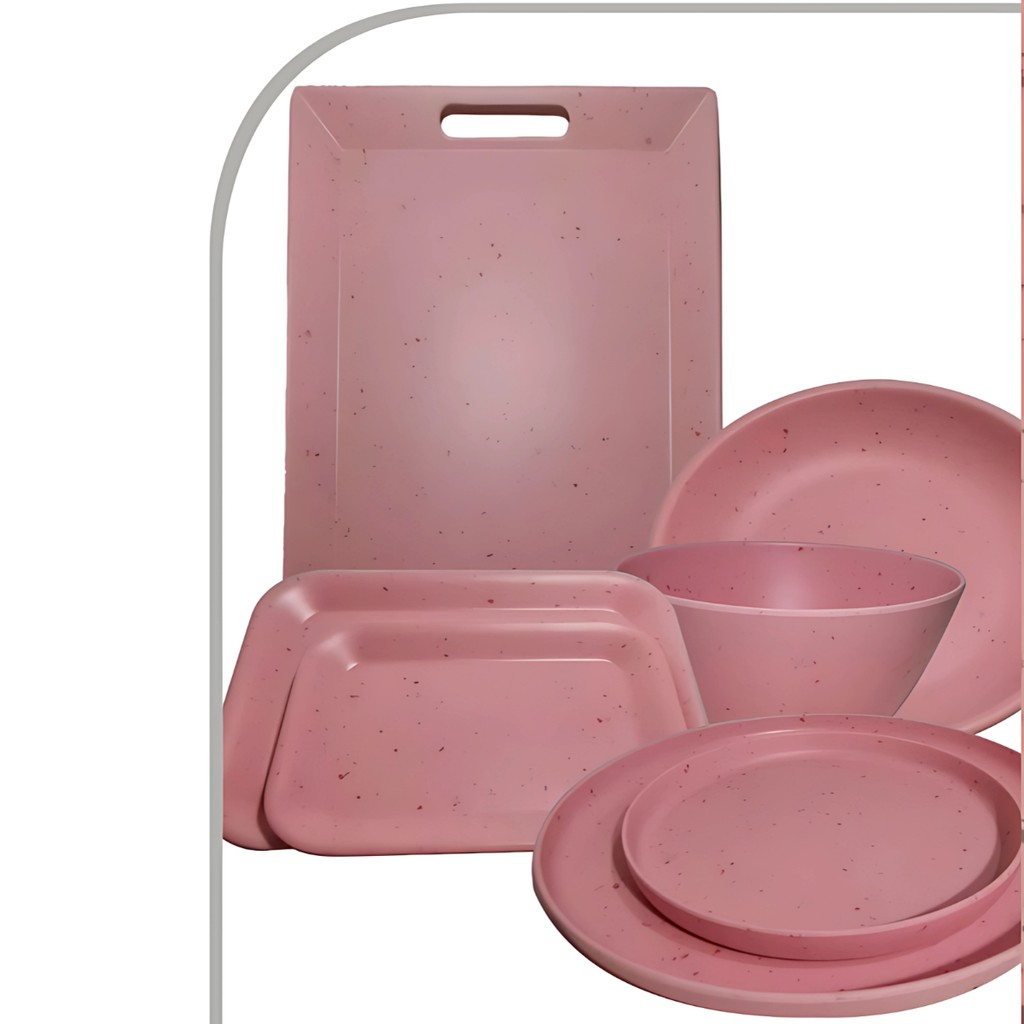 Conjunto Melamina Rosa Bandeja Espelhada Prato Raso Fundo Bowl Travessa ...