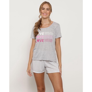 Pijama Feminino Manga Curta Listrado Estampa Love Cinza