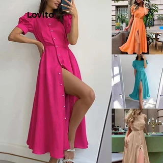 Lovito Vestido Casual Feminino Com Botão Liso E Manga Bufante Na Frente LNE27187 (Cáqui Claro/Rosa Choque)