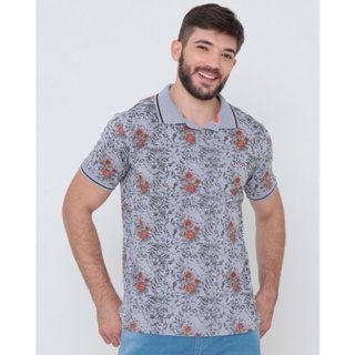 Polo Masculina Manga Curta Floral Mescla Cinza
