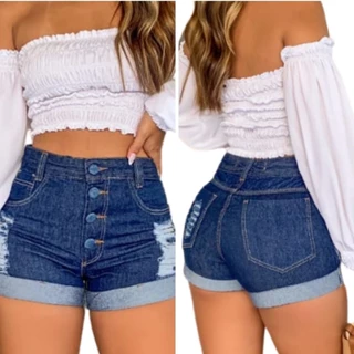 Short Barra Dobrada Short Jeans Cintura Alta Azul Marinho
