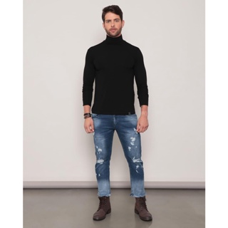 Calça Jeans Masculina Cropped Destroyed Azul