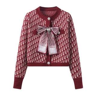 Casaco Vermelho Retro Arco Vermelho Casaco de malha feminina Cardigan Short Top 2022 Outono Novo Estilo