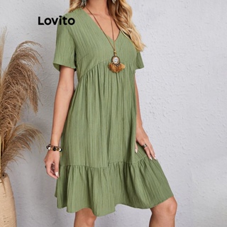 Lovito Vestido Casual Com Costura Em Tecido Liso Para Mulheres LNL34057 (Branco/Verde/Preto)