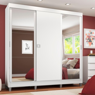 Guarda-Roupa Casal Madesa Napoli 3 Portas de Correr 2 Portas com Espelho com Pés - Branco