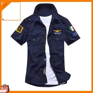 [EDG] Militar Homens Carta Bordado Bolso Slim Down Botão Camisa de Manga Curta EZ8E